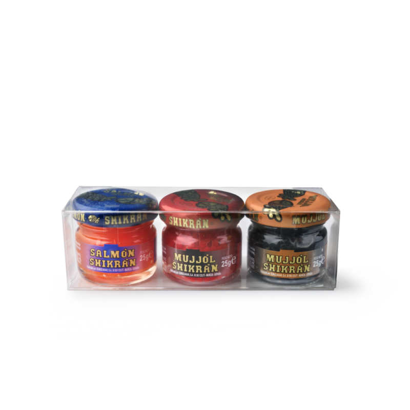 CAVIAR DE MUJJOL NEGRO,ROJO Y SALMÓN...