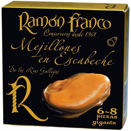RAMÓN FRANCO MEJILLONES RÍAS GALLEGAS GIGANTES ESCABECHE ACEITE DE OLIVA 6/8 PZ 120 gr