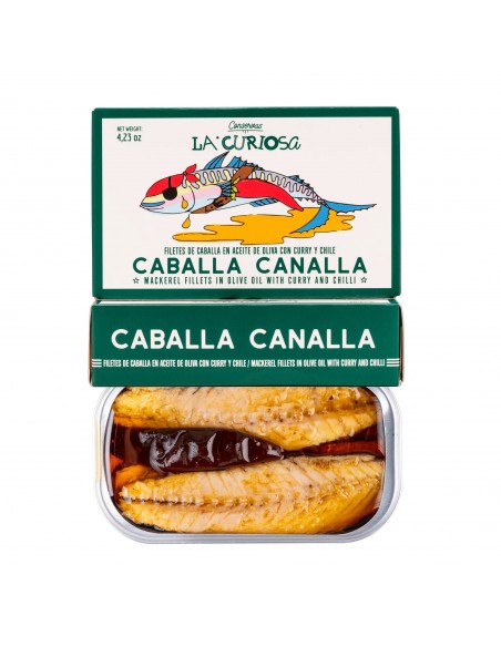 LA CURIOSA FILETES DE CABALLA CANALLA EN A.OLIVA CON CURRY Y CHILE OL-120 gr